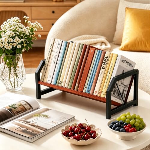 Desktop Bookshelf Organizer, Tilting Bookcase, Reddish Brown | Rustic Wood & Sturdy Metal Frame, Saves Desktop Space for Books/CDs/Magazine Display