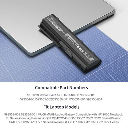 593553-001 593554-001 MU06 MU09 Laptop Battery Replacement for HP Pavilion G6 G7 G62 G72 G4/2000/DM4 DV3 DV5 DV6 DV7/Compaq Presario CQ32 CQ42 CQ43 CQ56 CQ57 CQ62 CQ72 435 436[10.8V 5200mAh] - style: MU06