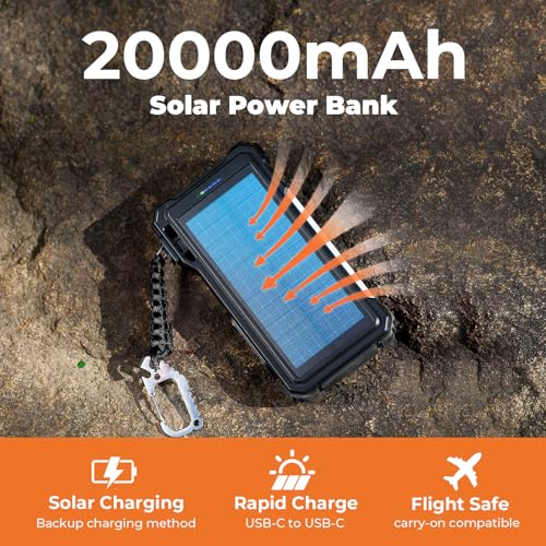 BLAVOR Solar Power Bank 20000mAh Built-in Cables, Wireless Charger for Phones & Apple Watch, 20W Fast Charging Battery Pack with USB C, Flashlight, Solar Charger for iPhone, iPad, iWatch, Samsung - color: Dull black