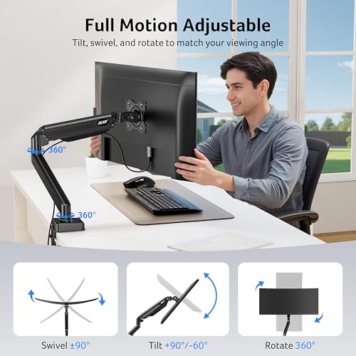 Acer Single Monitor Mount, Fully Adjustable Monitor Arm Fits 17-34" Screens | Gas Spring VESA Mount with C-Clamp & Grommet Base, Computer Desk Arm with Tilt Swivel Rotate Supports 4.4-19.8 lbs