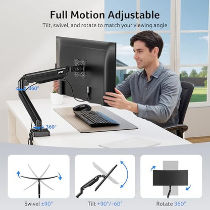 Acer Single Monitor Mount, Fully Adjustable Monitor Arm Fits 17-34" Screens | Gas Spring VESA Mount with C-Clamp & Grommet Base, Computer Desk Arm with Tilt Swivel Rotate Supports 4.4-19.8 lbs