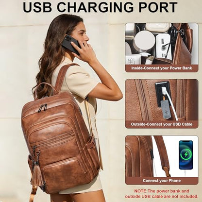 Shrrie 17 Inch Laptop Backpack for Women,Vegan Leather Backpack Purse,28L Work Business College Travel Computer Backpacks with Pouch Pocket for Large Capacity Cup & USB Charger,Caramel Brown - color: Caramel Brown