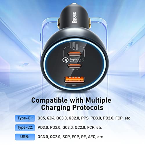 160W USB C Car Charger, Baseus Type C Car Charger, QC5.0 PD3.0 PPS 3 Ports Super Fast Charging Car Phone Charger Adapter for iPhone 15 14 13 Pro, Samsung S22 iPad MacBook Pro