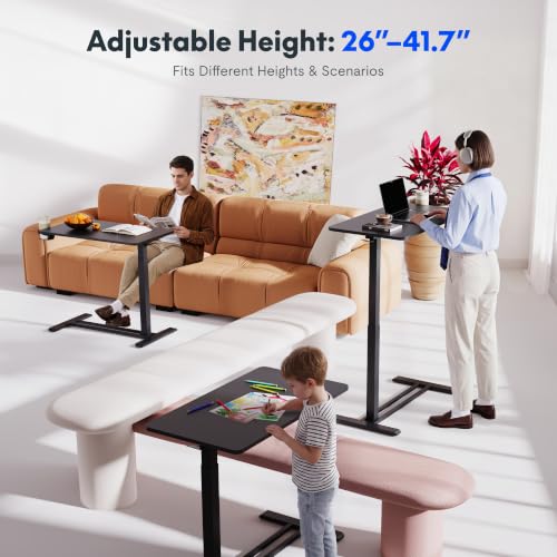 FLEXISPOT H7 Adjustable Overbed Bedside Table with Wheels Pneumatic Mobile Standing Desk Laptop Desk Rolling Computer Cart Movable Overbed Tables Hospital Home Use(27.6" W x 15.7" D, Black Table) - color: Black, size: Small