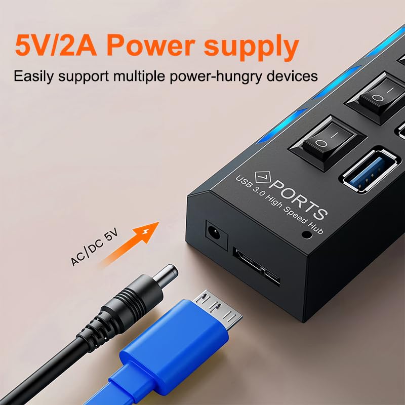 USB 3.0 Hub with Individual On/Off LED Switches, 1 USB 3.0 and 6 USB 2.0 Ports Hub Splitter with 0.52m/20.5'' Cable, Portable USB Adapter USB Extender for Data Transfer and Charging, Black