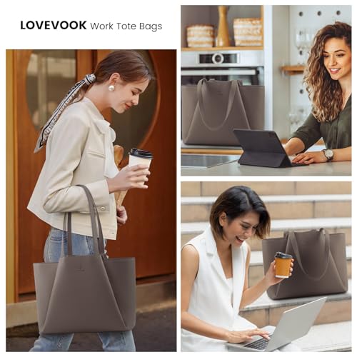 LOVEVOOK Laptop Tote for Women - 15.6 Inch Faux Leather Laptop Bag with Clutch, Large Capacity Office Purse Computer - color: Dark Khaki, size: 15.6 inch