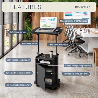 Techni Mobili Adjustable Laptop Cart w/Storage, Rolling Mobile Desk, Black | Adjustable laptop cart with storage cabinet, shelf, locking wheels, sit‑stand height for home office, bedside, classroom - color: Black