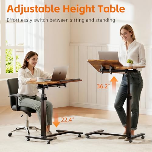 Adjustable Overbed Table with Wheels, Versatile Bedside Laptop Desk with 180° Flip Top, Height Adjustable Rolling Side Table for Bed, Sofa, or Recliner, Brown - color: Rustic Brown