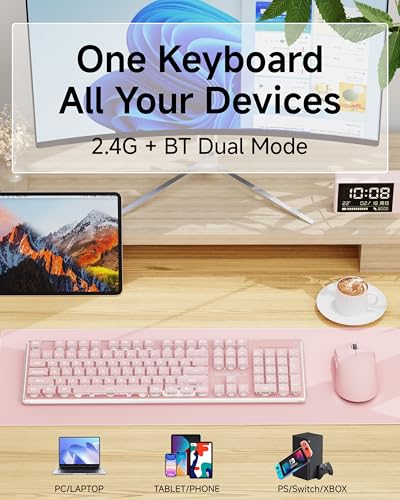 V3 Wireless Keyboard and Mouse Combo, Bluetooth/2.4G Rechargeable Light up Quiet Computer Wireless Keyboard and Mouse with White Backlit, Metal Panel-Pink - color: Upgraded Version - Pink