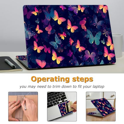 Universal Laptop Skin Sticker with 2 Wrist Pad Decals, 3-Piece Removable Vinyl Laptop Cover, Rainbow Butterfly Waterproof Anti-Scratch, Easy-Trim Fit for 13.3" 14" 15.6" Laptops - color: Rainbow Butterfly