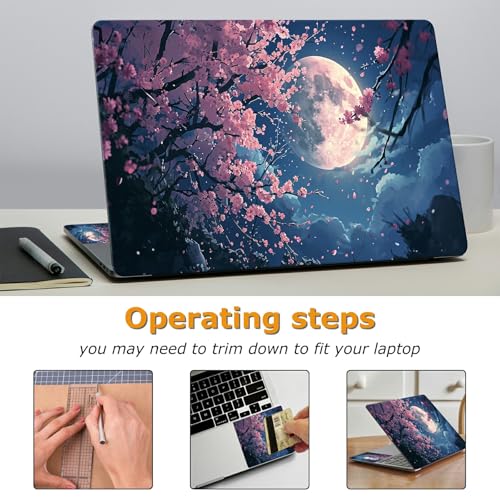 Universal Laptop Skin Sticker with 2 Wrist Pad Decals, 3-Piece Removable Vinyl Laptop Cover, Beautiful Moon Cherry Blossoms Waterproof Anti-Scratch, Easy-Trim Fit for 13.3" 14" 15.6" Laptops - color: Beautiful Moon Cherry Blossoms