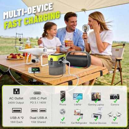 240W Power Inverter Pure Sine Wave Compatible with Ryobi 18V Battery | No Battery, 7A Fast Charger, Portable Power Station with 120V AC Outlets, USB-C (140W), 2 QC USB Ports(18W), 600LM LED(Green) - color: Green