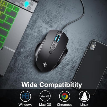 Uineer Wired Mouse, USB-A Computer Mouse with 6 Buttons,Adjustable | Plug-and-play USB-A wired connection with 6 programmable buttons, 7200 DPI and a 1.5 m cable. - color: black