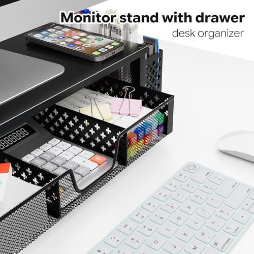 Simple Trending 2-Tier Desk Organizer, Computer Monitor Stand Riser, Black | Metal Laptop & Printer Stand, Desktop Organizer with Drawer & 2 Pen Holders, Anti Slip Pads, 18.5"W x 9.5"D x 4.75"H - size: 18.5"W x 9.5"D x 4.75"H