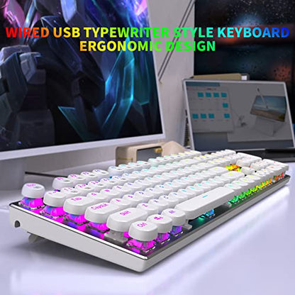 HUO JI E-Yooso Z-88 Wired Typewriter Style Mechanical Keyboard, White | Programmable RGB Backlit, Clicky Blue Switches, Detachable USB-C Cable, Metal Panel, 104 Double-Shot Keycaps for PC Gaming