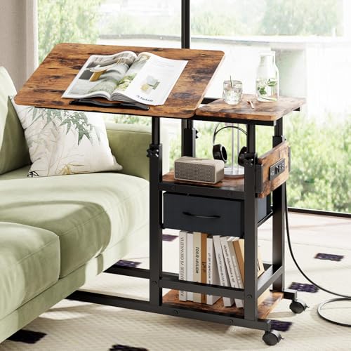 Adjustable Overbed Bedside Table with Wheels, Charging Station | Tilting Top, Adjustable Side Table, 2-Tier Storage with Drawer, Over Bed Table, C-Shaped End Table for Beds, Couch - color: Brown