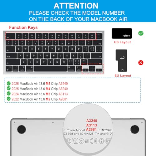 CaseBuy Premium MacBook Air 13 M4 Keyboard Cover for MacBook Air 13.6 inch | with M5 M4 M3 Chip A3449 A3240 A3113 2026 2025, TPU Protector Skin, Anti Dust & Spills (Not Fit Air 13 M1 A2179 A2337),Clear - size: MacBook Air 13.6"(2022-2026)