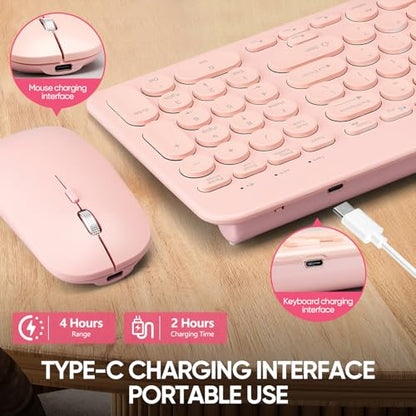 Wireless Keyboard and Mouse Combo with Phone Tablet Holder, Rechargeable Dual-Mode (Bluetooth 5.0 and 3.0 +2.4G) Multi-Device Silent Mouse for Windows, iPad, Tablet, MacOS,iOS,Android (Pink) - color: pink