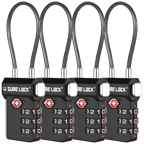 SURE LOCK TSA Approved Luggage Locks with Open Alert Indicator, 3 Digit Combination Cable Travel Lock for Suitcase, Backpack, Gym Locker, Toolbox, Carry On & Travel Bag - color: BLACK 4 PACK