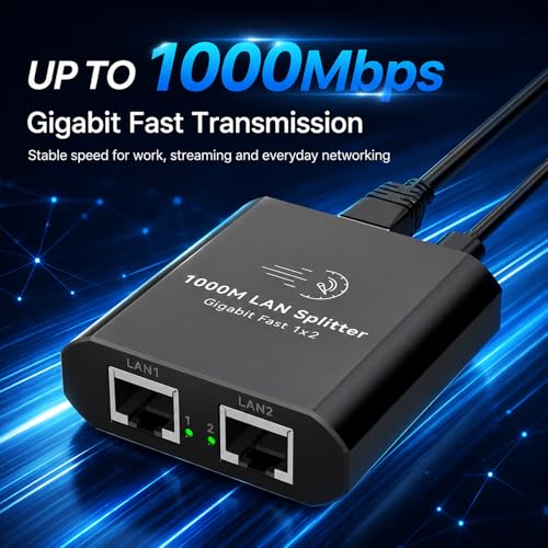 Ethernet Splitter 1 to 2 Mini Gigabit Internet Switch 1 in 2 Out LAN and RJ45 Port Splitter High Speed Network Adapter for 5/5e/6/7/8 with USB c Power Cable