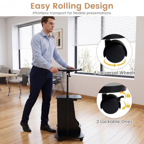 GIANTEX Mobile Podium Stand, Sit-to-Stand Laptop Cart (Black, 1 Pack) | Tilting Tabletop & Storage Cabinet, Lockable Casters, Height-adjustable Rolling Lectern for Classroom, Church, Home Office - color: Black