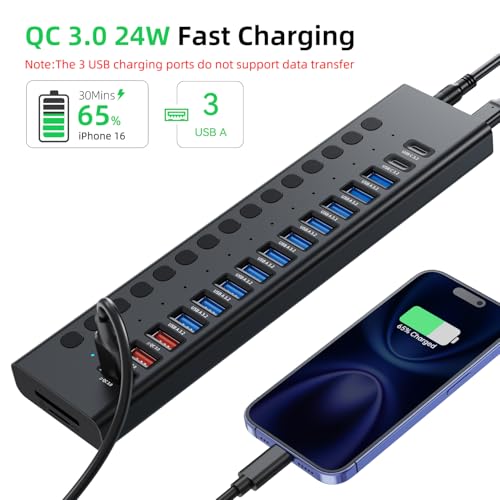Powered USB Hub 10Gbps, 17 Ports USB 3.2 Hub, 96W Power Adapter | 10 USB-A 3.2, 3 QC 24W Fast Charging, 2 USB-C 3.2, SD/TF, 12V/8A Power Adapter for Laptop, PC, Computer, HDD, Flash Drive - color: Black