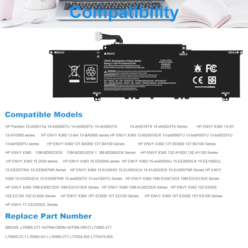 BN03XL Laptop Battery for HP Envy 13 13-BA 13-AR 13-AY 13-ay0xx Envy X360 15 2020 15M-EE 15M-ES 15-ES 15M-EE0013DX 15M-EE0023DX 15m-ee0xxx, HSTNN-OB1O HSTNN-DB9N L73965-271 L76985-271 L77034-005 - size: 10.9*3*0.24inch BN03XL