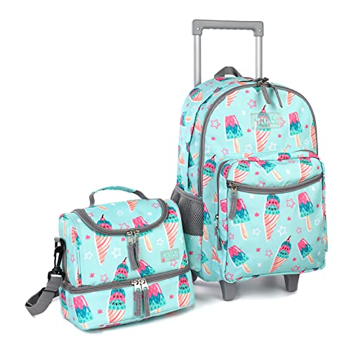 Tilami Rolling Backpack 18 inch Double Handle with Lunch Bag Wheeled Kids Backpack for Girls and Boys, Icecream Green - color: Icecream Green