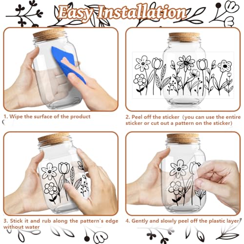 Black Line Flowers UV DTF Cup Wraps, 10 Sheets Transfer Sticker | Waterproof UV DTF Stickers, Custom Vinyl Decals for 16oz Coffee Cups Tumblers Bottles Mugs, DIY Gifts & Crafts - style: Black Line Flowers