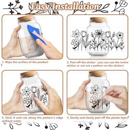 Black Line Flowers UV DTF Cup Wraps, 10 Sheets Transfer Sticker | Waterproof UV DTF Stickers, Custom Vinyl Decals for 16oz Coffee Cups Tumblers Bottles Mugs, DIY Gifts & Crafts - style: Black Line Flowers
