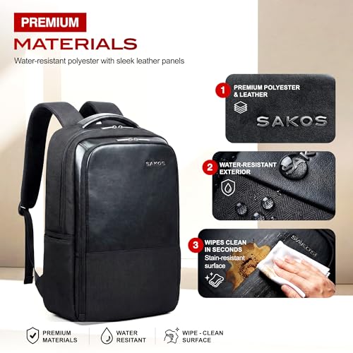 SAKOS Business Backpack for Men & Women, Smart Professional Backpack with USB Charging Port, 15.6 inch Waterproof Laptop Backpack with Microfiber Leather Accents