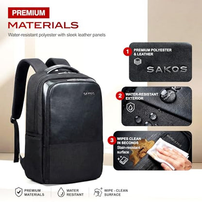 SAKOS Business Backpack for Men & Women, Smart Professional Backpack with USB Charging Port, 15.6 inch Waterproof Laptop Backpack with Microfiber Leather Accents