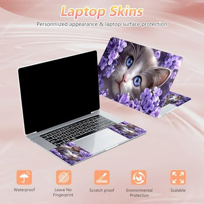 Laptop Skin Sticker Decal 12" 13" 13.3" 14" 15" 15.6",Waterproof Scratch Resistant Vinyl,Reusable Easy to Apply,for MacBook HP Dell Notebooks Netbooks Laptop,2 Wrist Pads,Cat Purple Flower - color: Cat Purple Flower