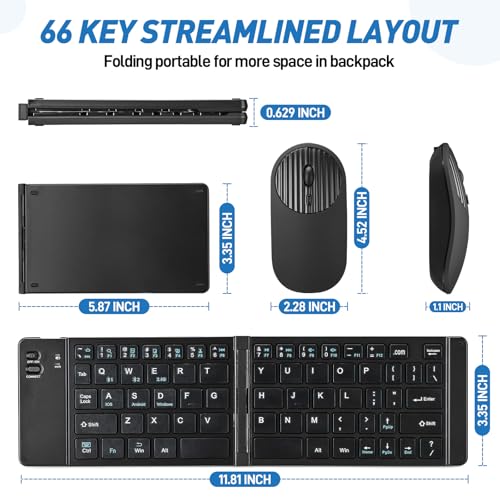 Mini Rechargeable Foldable Bluetooth Keyboard and Mouse Combo, Portable (Sync Up to 3 Devices), Ultra-Slim Travel Folding Keyboard for iPhone iPad Mac Android Windows iOS（Black） - color: black