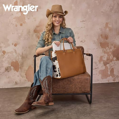 Wrangler Laptop Tote Bag for Women Western Style Work Crossbody Bag - color: Cow-brown