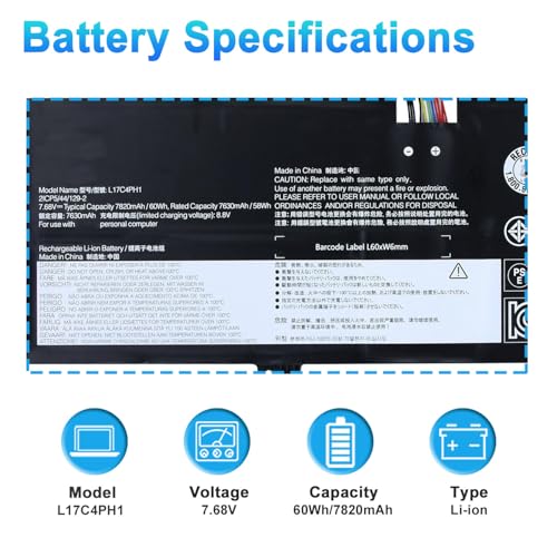 L17C4PH1 L17M4PH1 L17M4PH2 L17L4PH2 Battery for Lenovo Yoga 7 Pro Pro-13IKB C930 C930-13 C930-13IK C930-13IKB C930-131KB C930-13IKB 81C4 Series Notebook 5B10Q82425 5B10Q82426 5B10Q82427 60Wh 7820mAh - size: 10.02*3.70*0.39inch L17C4PH1