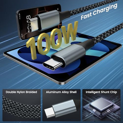 2 in 1 USB C to Dual USB C Charging & Data Cable 5FT 100W Max, 2 in 1 USB C Fast Charging Data Cable for iPhone 17/17Pro Max/16/15 Series, MacBook Air/Pro, iPad, Laptops, Samsung Galaxy Series