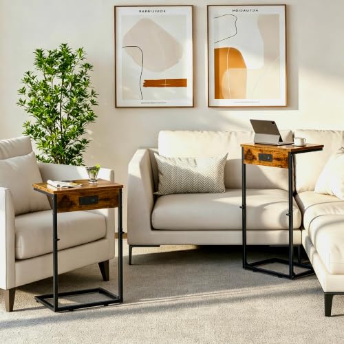 C Shaped End Tables Set of 2 with Charging Station, 33.2'' Tall C Table Adjustable Height Side Table, Small Side Table for Small Spaces, Couch Sofa Table TV Tray for Living Room, Rustic Brown - color: Rustic Brown (2 Pack), style: With Plug