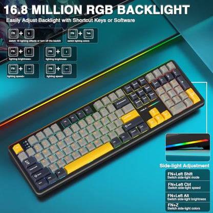 AULA F108 Wireless Mechanical Keyboard, BT5.0/USB-C/2.4GHz Hot Swappable Custom Gaming Keyboards, PBT Keycaps, Pre-lubed Switches, RGB Backlit Full Size Creamy Keyboard with Number Pad, 108 Keys - color: No Knob-Gray&Yellow