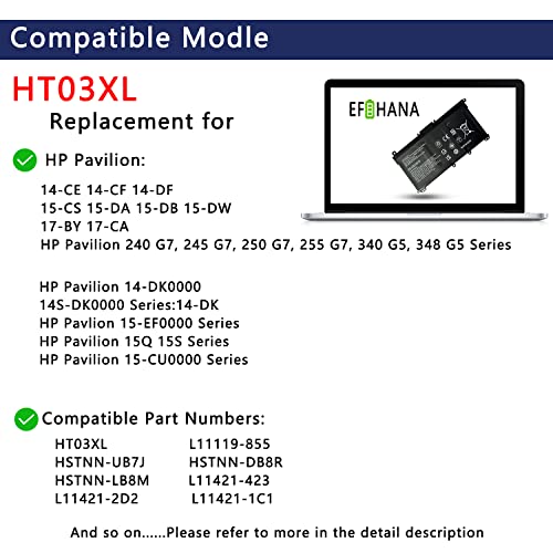 HT03XL L11119-855 Laptop Battery Replacement for HP Pavilion 14-DF 14-CE 14-CF 15-DA 15-DB 15-CS 15-DW 17-CA 17-by 15-CS0053CL 15-DW0033NR 15-DA0014DX L11421-542 L11421-2C2 11.4V 41.04Wh - size: 8.82×3.15×0.25 in HT03XL
