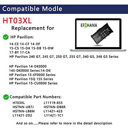 HT03XL L11119-855 Laptop Battery Replacement for HP Pavilion 14-DF 14-CE 14-CF 15-DA 15-DB 15-CS 15-DW 17-CA 17-by 15-CS0053CL 15-DW0033NR 15-DA0014DX L11421-542 L11421-2C2 11.4V 41.04Wh - size: 8.82×3.15×0.25 in HT03XL