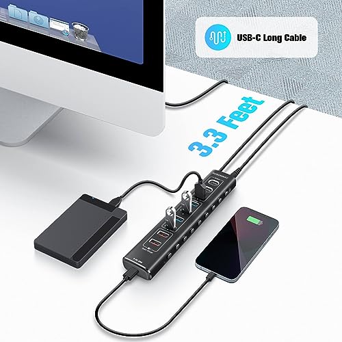 Rosonway 10-Port Powered USB 3.2/USB C Hub 60W with 3x10Gbps USB-3.2 Ports (2C + 1A), 4 USB 3.0 Data Ports, 1 USB-C PD and 2 USB-A Fast Charging Ports, Aluminum USB Splitter for Laptop/PC, RSH-A10QPD