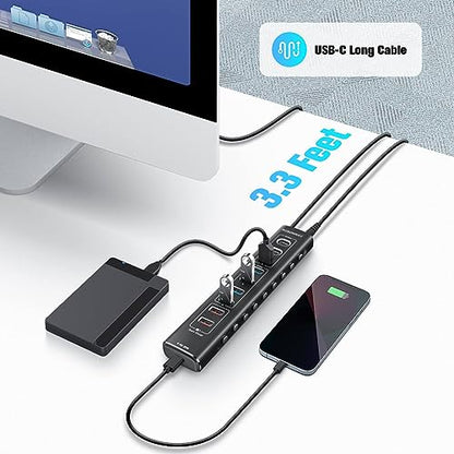 Rosonway 10-Port Powered USB 3.2/USB C Hub 60W with 3x10Gbps USB-3.2 Ports (2C + 1A), 4 USB 3.0 Data Ports, 1 USB-C PD and 2 USB-A Fast Charging Ports, Aluminum USB Splitter for Laptop/PC, RSH-A10QPD