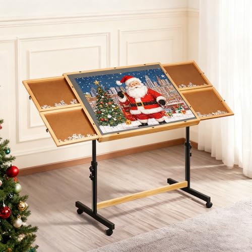 Solid Wood Jigsaw Puzzle Table with Drawers & Lockable Wheels, Tilting Puzzle Board 0-90° Adjustable, 1500 Pieces Puzzle Board with Legs, 37.4” x 27.9“ Portable Puzzle Table with Legs - color: Grey