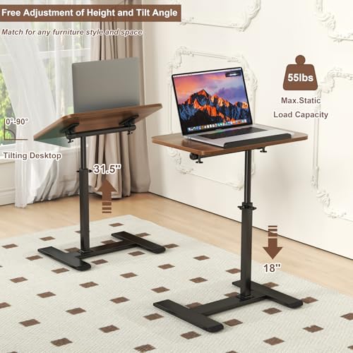 Adjustable Height C Shaped Side Table,360°Swivel Overbed Table,Top Tilting Laptop Stand Table with Hidden Wheels,Mobile Couch End Tables that Slide under,Rolling TV Coffee Table for Sofa/Bed(walnut) - color: Walnut