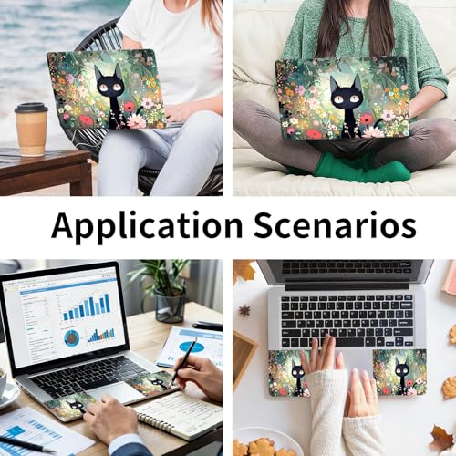 Laptop Skin Sticker 3-Piece Set,Black Cat Among Flowers | Trim-to-fit 3-piece vinyl set with one 15 x 10.6 in lid skin and two palm-rest decals for many 12-15.6 in laptops - color: Black Cat Among Flowers
