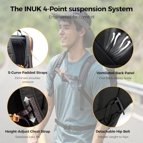 INUK Travel Laptop Backpack, 25L Recycled Waterproof Light Daypack | Dual laptop pockets, soft light foam straps, recycled wear-resistant fabric, water repellent coating, Black - color: Polar Night Black