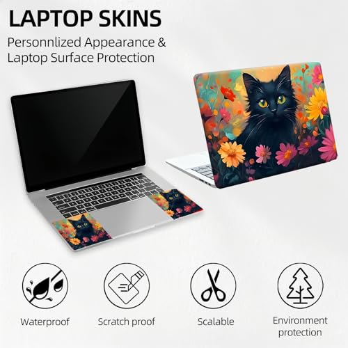 Mystic Black Cat Garden Art Universal Laptop Skin Sticker 3PCS, Protective Decal Trim-to-Fit 11.6" 13.3" 14" 15.6" Laptop Vinyl Cover, Removable Anti-Scratch Computer Decal Protector - color: Mystic Black Cat Garden Art
