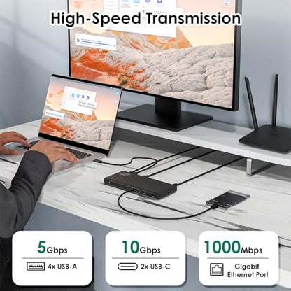 Laptop Docking Station, 12-in-1 USB-C Docking Station, Triple Display with 2xHDMI and 1xDP, 10 Gbps USB-C and 5 Gbps USB-A Data, Ethernet, Audio, 100W Charging for Dell, HP, Lenovo and More - size: 1×DP + 2×HDMI