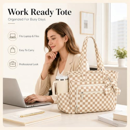 BTOOP Work Tote Bag for Women, Laptop Tote Bag With 15.6 Inch Padded Compartment, Teacher Nurse Bible Bags - color: Beige Checkered
